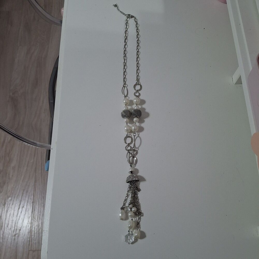 Silver Tone Ringlet Chain Clear Round Faux Pearl Beaded Statement Necklace